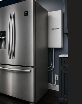 Installed refrigerator battery backup behind a refrigerator